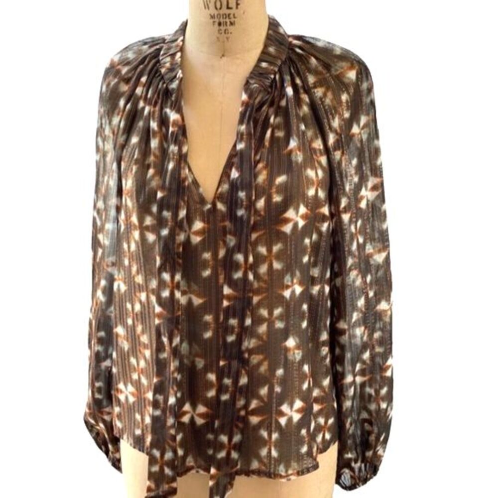 NWT Ulla Johnson Luna Olive Prism Silk Sheer Flowing Abstract Blouse Top SZ 2